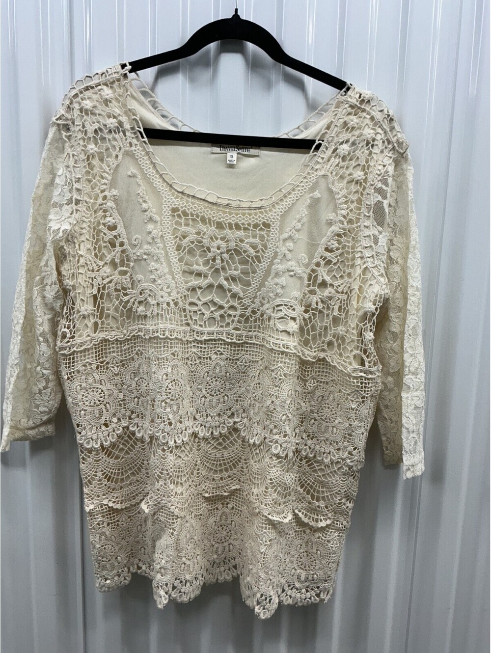 Embroidered Lace Crochet Mesh 3/4 Sleeve Top XL 1X Boho Romantic Cottagecore #68
